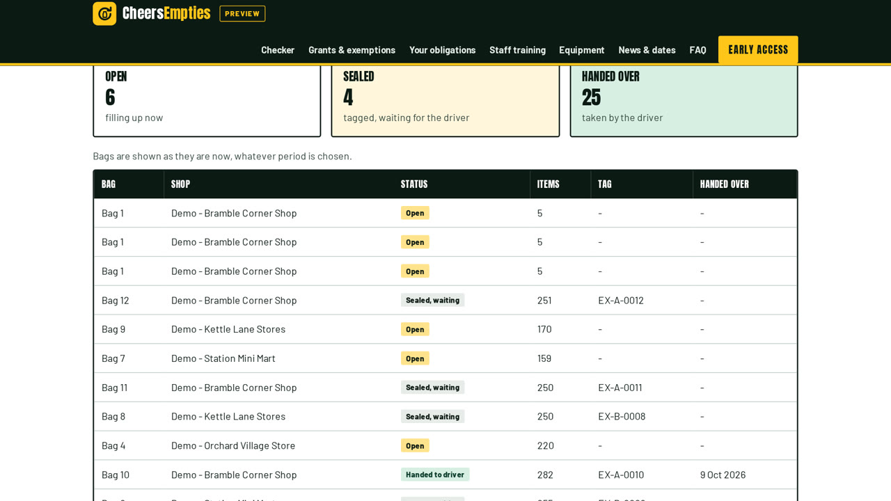 Owner dashboard bags list showing open, sealed and collected bags