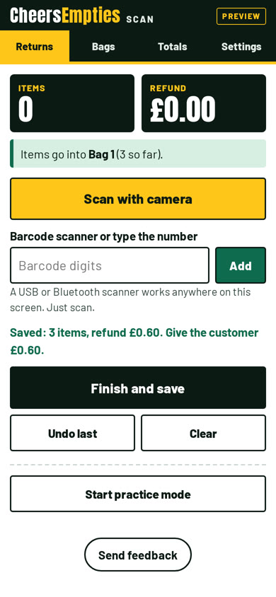 Scanner after finish and save, telling staff how much to give the customer