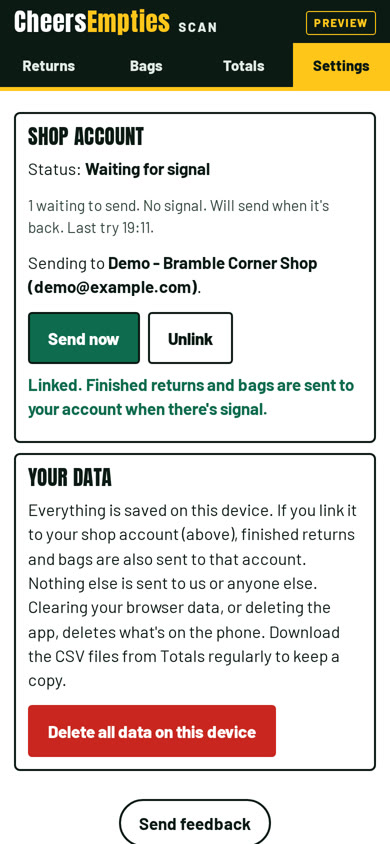 Scanner with a no-signal banner, returns waiting to send