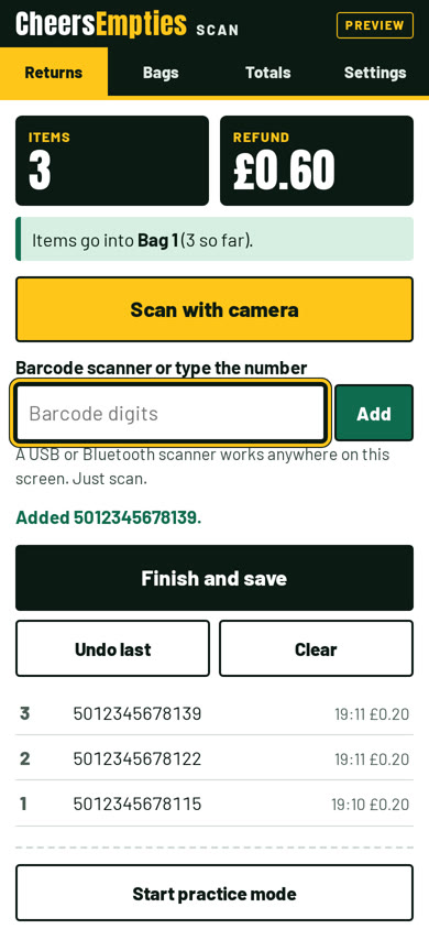Scanner returns screen showing 3 items and a £0.60 refund